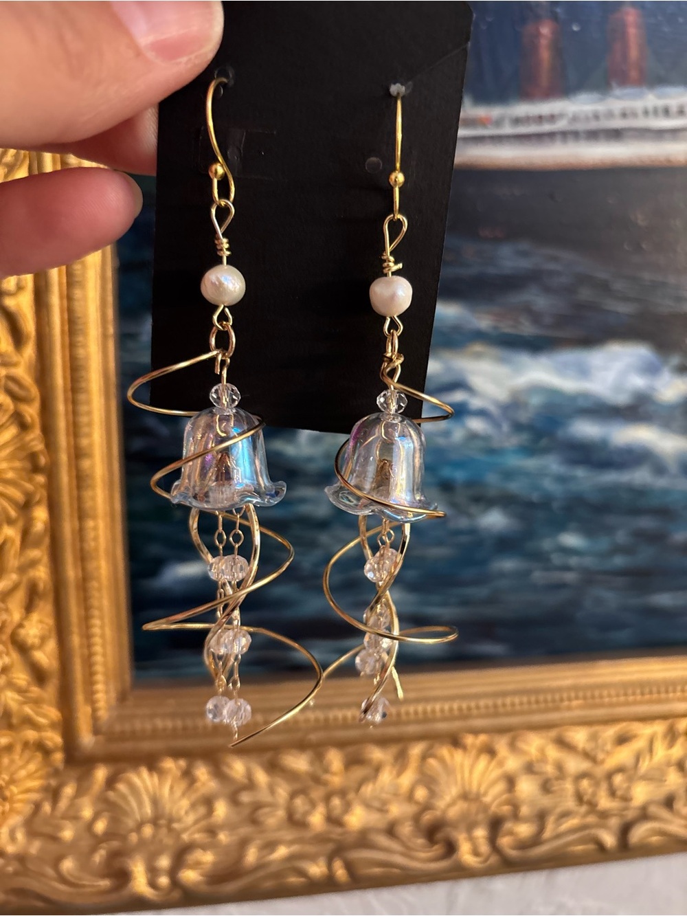 Gold-Tone Iridescent Bell Drop Jellyfish Earrings with Pearl Bead